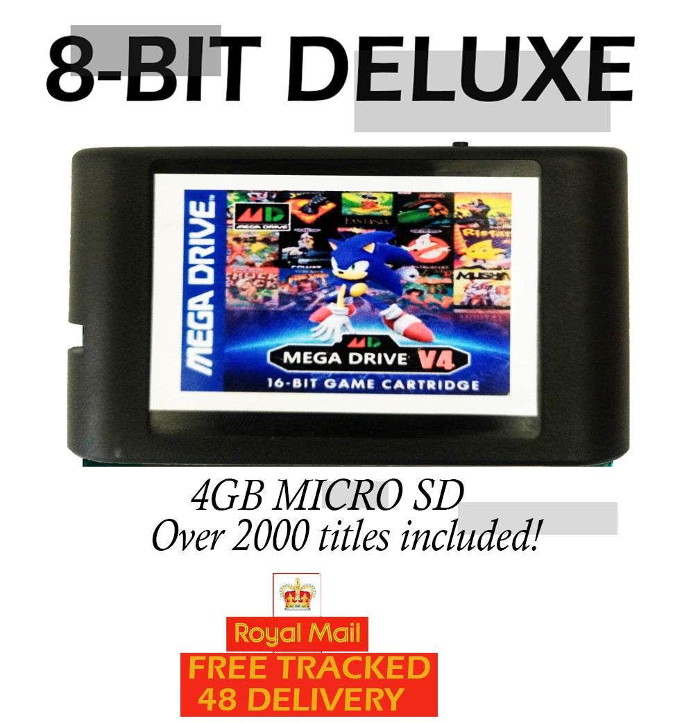 8-bit deluxe game cartridge with Sonic the Hedgehog on screen, featuring text about storage capacity and delivery service.
