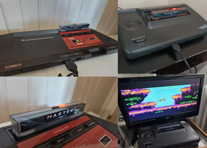 Collage of a vintage video game console with cartridges and screen displaying a game. | 9thbit-Retro Deluxe