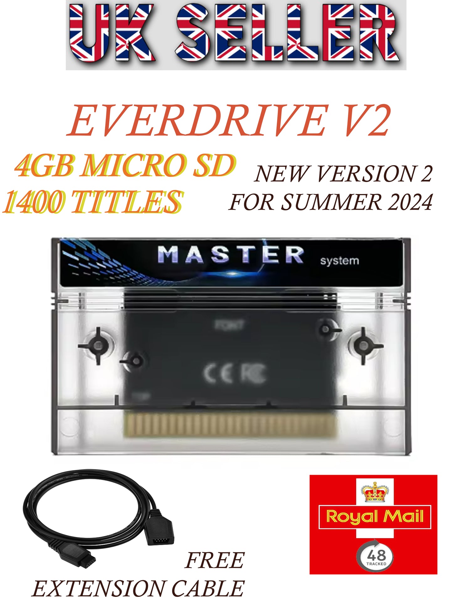 EverDrive V2 4GB Micro SD card with packaging and extension cable, featuring 'Master' brand and Royal Mail logo.
