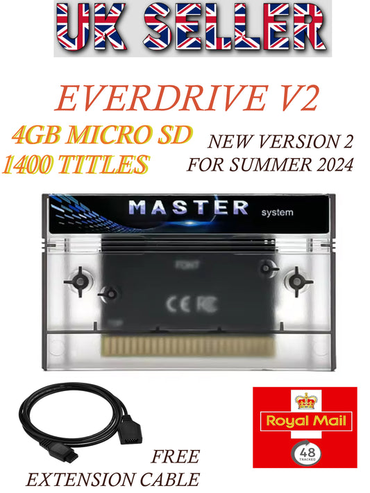 EverDrive V2 4GB Micro SD card with packaging and extension cable, featuring 'Master' brand and Royal Mail logo.