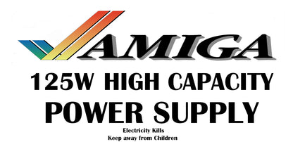 Amiga 125W high capacity power supply label with colorful logo on a white background | 9thbit-Retro Deluxe